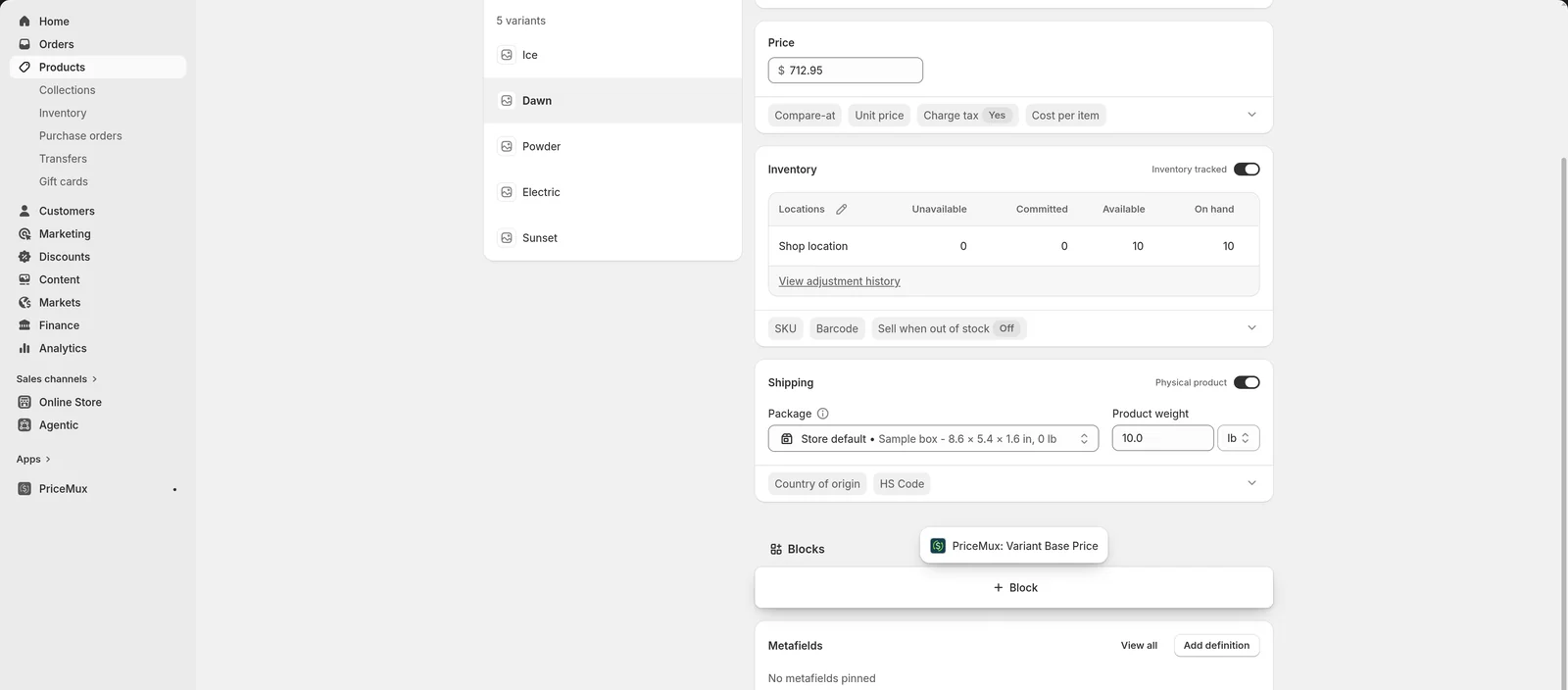 A variant page in the Shopify admin, scrolled to the Blocks section at the bottom, with the block picker open showing PriceMux: Variant Base Price.