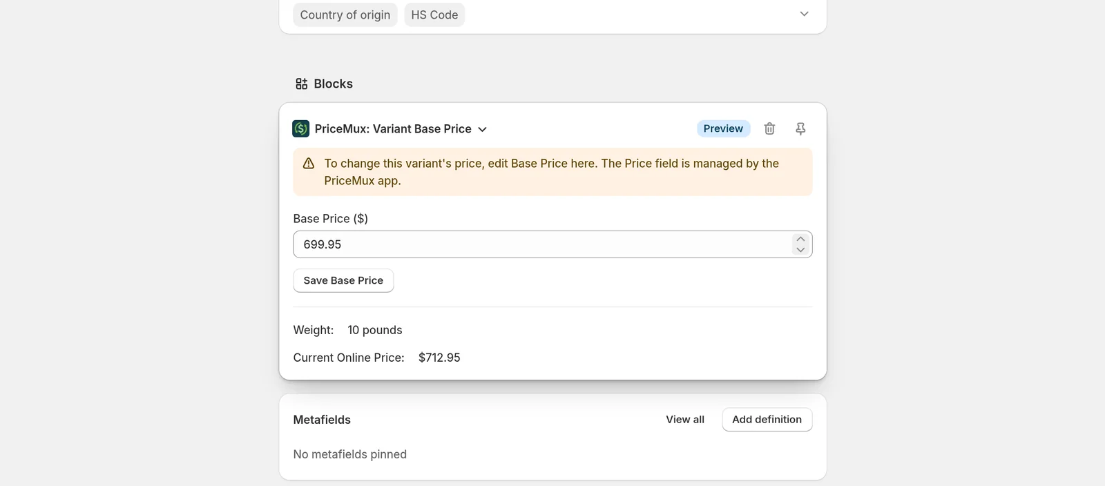 The PriceMux: Variant Base Price block on a variant page, showing a $699.95 base price and a $712.95 current online price, with the pin icon in the block's top-right corner.