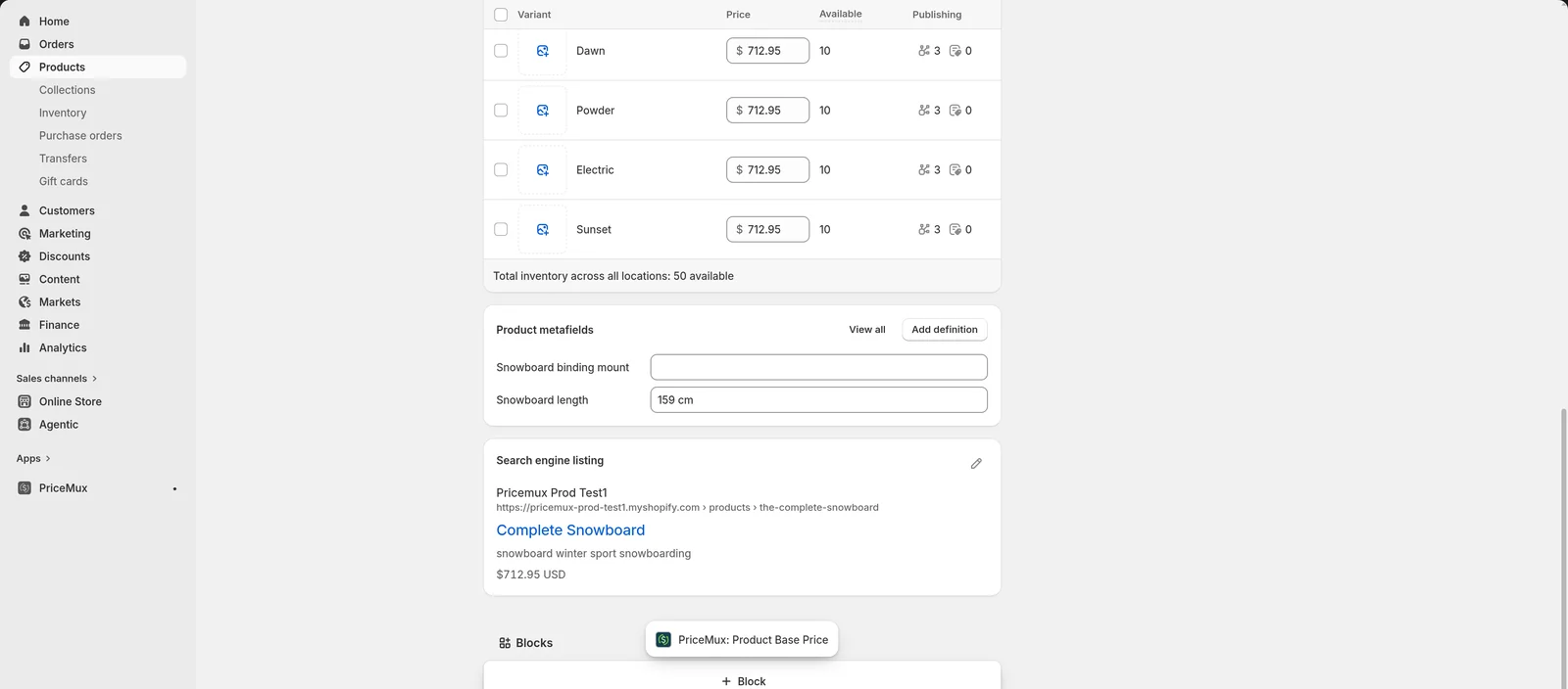 A product page in the Shopify admin with the block picker open above the + Block button, showing PriceMux: Product Base Price.