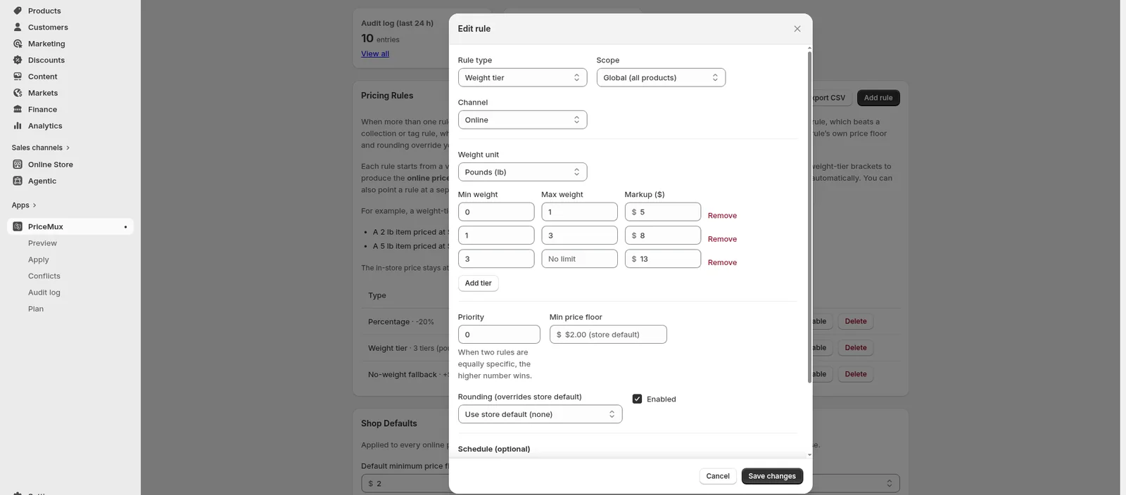 PriceMux rule modal configured as a weight-tier rule with three brackets — 0 to 1 lb adds $5, 1 to 3 lb adds $8, 3 lb and up adds $13 — applying globally to all products on the online channel.