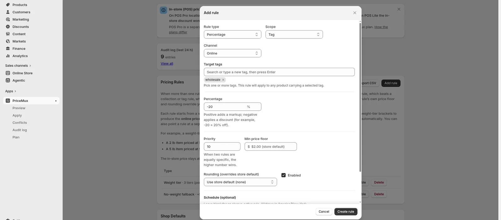 PriceMux Add Rule modal configured as a tag-scoped percentage rule — target tag 'wholesale', percentage -20%, online channel, priority 10 — with an inline hint that positive values mark up and negative values discount.