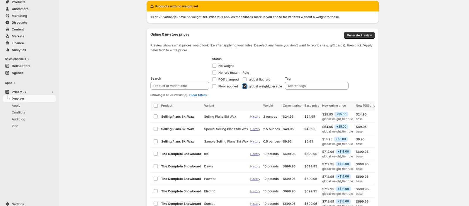 PriceMux Computed Price Preview table showing products with their weight, current price, base price, computed new online price, the in-store POS price (held at base), and which rule produced each change — including snowboards with a +$13 weight-tier markup and ski wax with a +$5 markup.