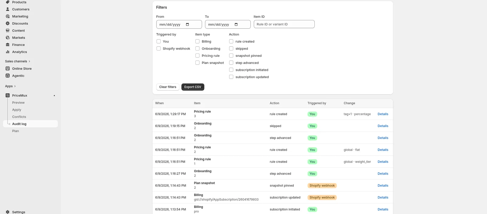 PriceMux Audit log page showing entries for rule creation, onboarding steps, plan snapshots, and billing subscription events, each with timestamp, item, action, who triggered it (you or an automatic update from Shopify), a change summary, and a details link.